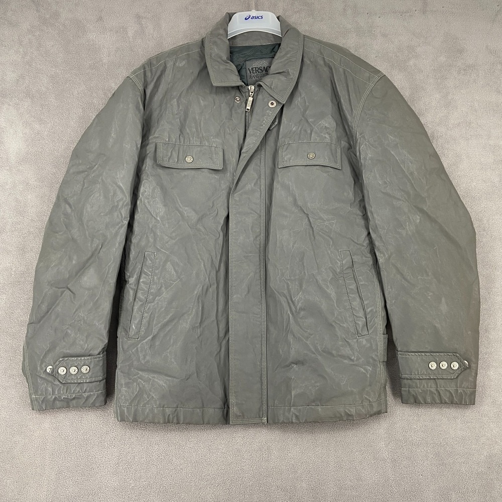 Versace Jeans Couture Jacket Mens 2XL Gray Quilted Lined Crinkled Texture Zip Up